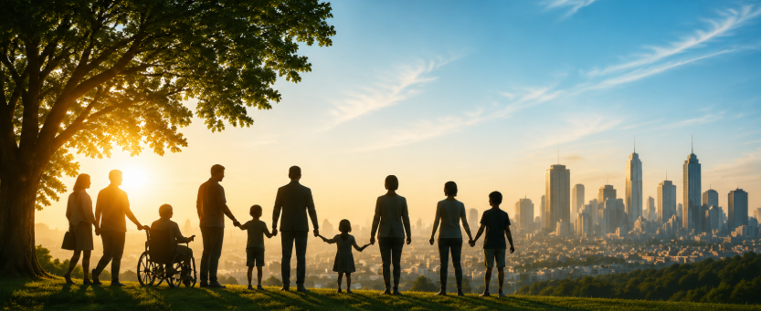 Families and communities facing a city skyline at sunrise